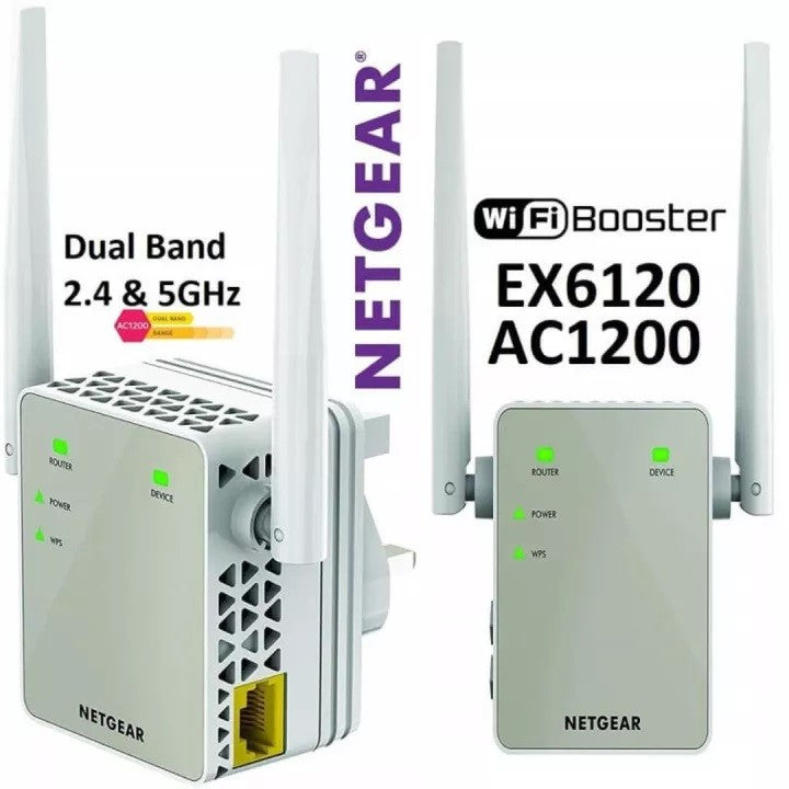 NETGEAR WiFi Extender EX6120, up to 1,500 sq ft, 1.2 Gbps
Signal Booster for Home, Easy Set Up, 25 devices, Works with any Router, Compact Design, WiFi 5, AC1200
